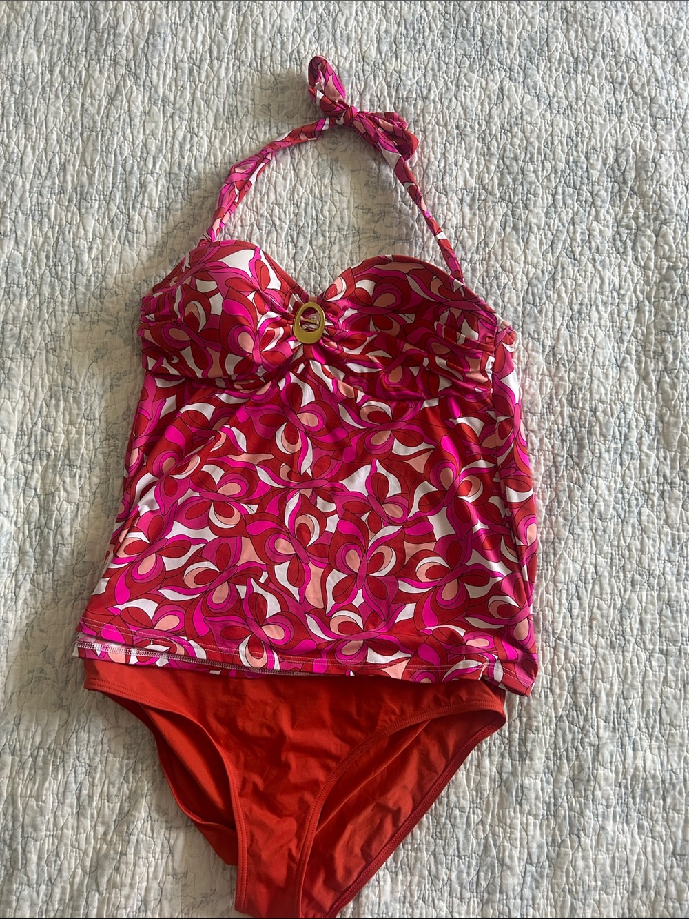VENUS Pink & Red Retro Print Halter Tank One-Piece Swim
